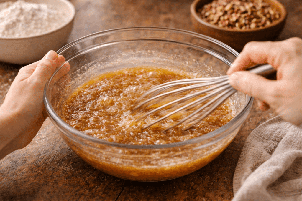 Whisking ingredients for pecan pie bars filling in a glass bowl