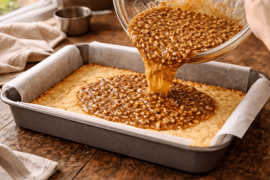 Pouring pecan filling over baked shortbread crust for pecan pie bars
