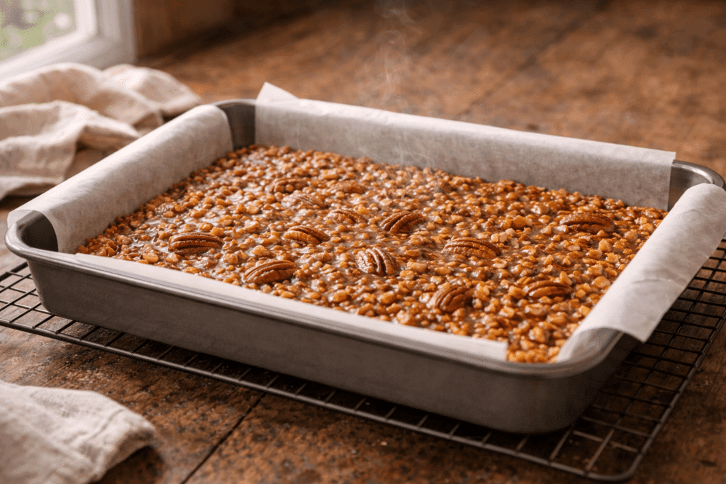 Pecan pie bars cooling in a parchment-lined pan on a wooden table