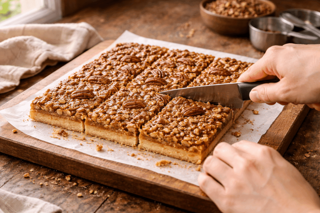 Slicing pecan pie bars into squares on a wooden cutting board