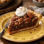 Pecan Pie on Yellow Plate with Golden Sunburst Rim
