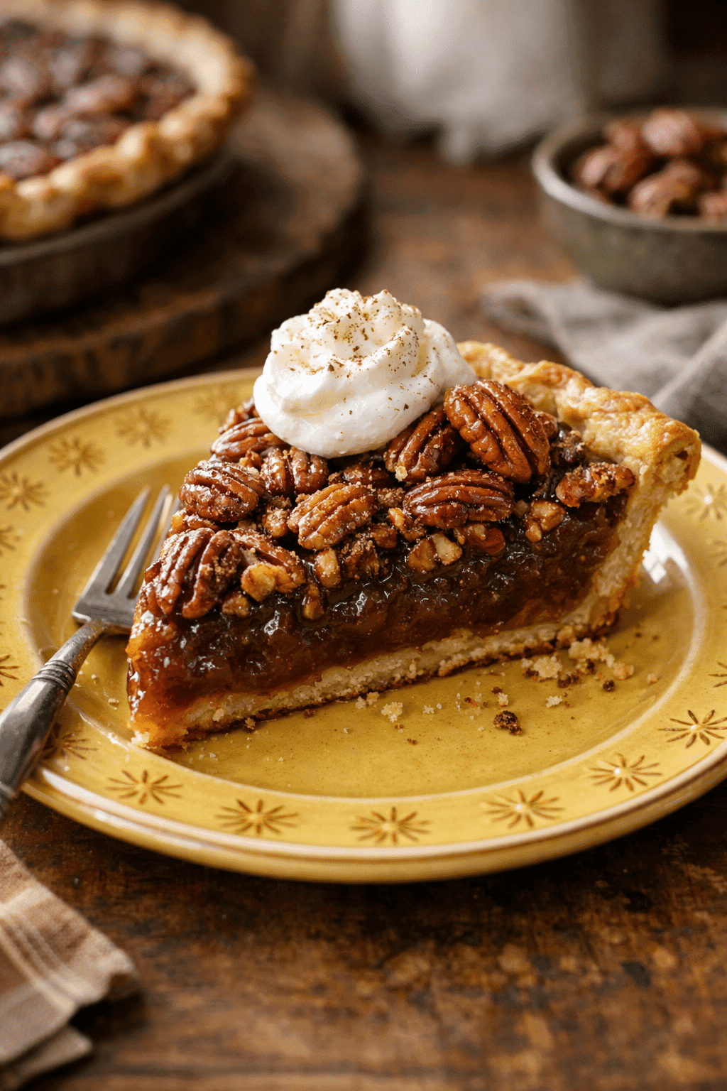 Pecan Pie on Yellow Plate with Golden Sunburst Rim