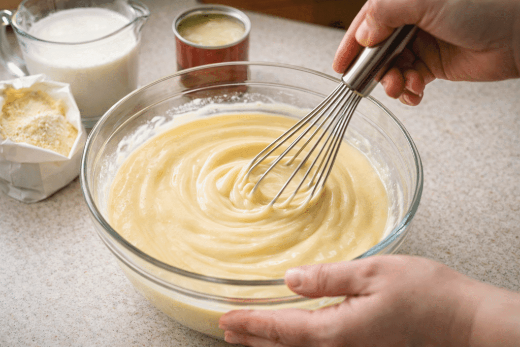 whisking banana pudding base in mixing bowl
