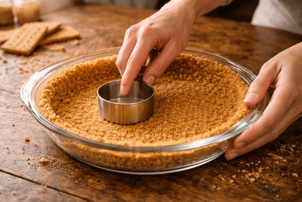 Pressing graham cracker crust into glass pie dish with measuring cup