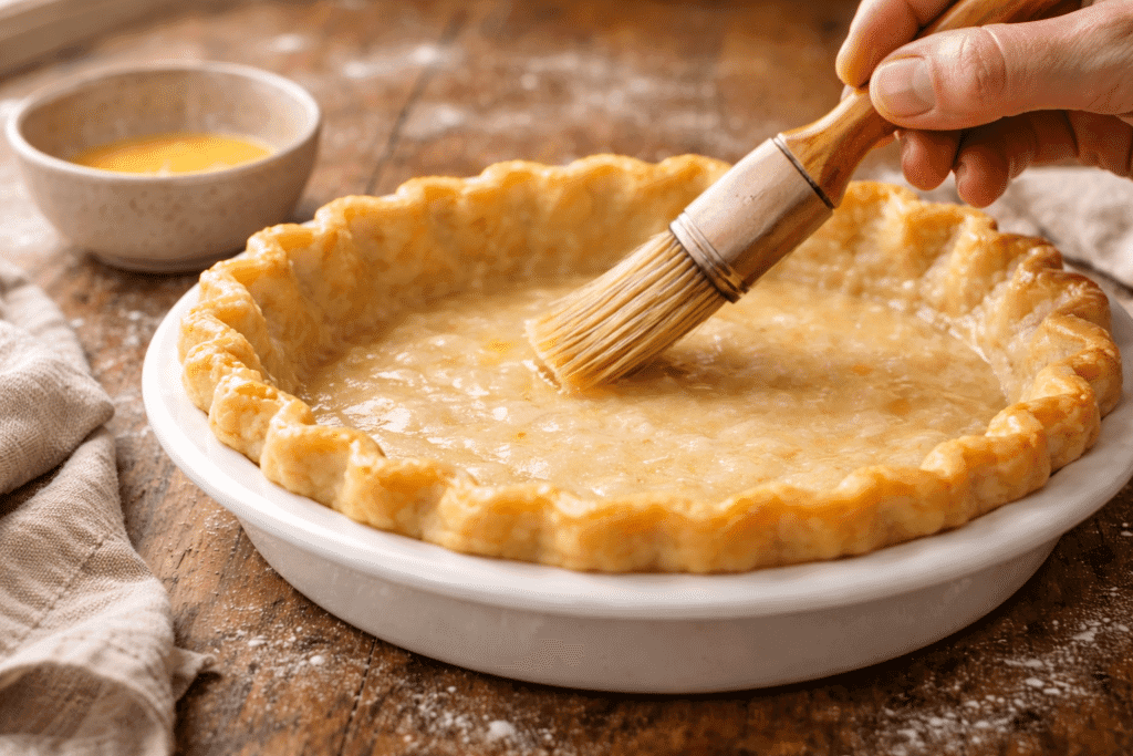 Step 3 – Brushing egg wash on crust for Pumpkin Meringue Pie Recipe