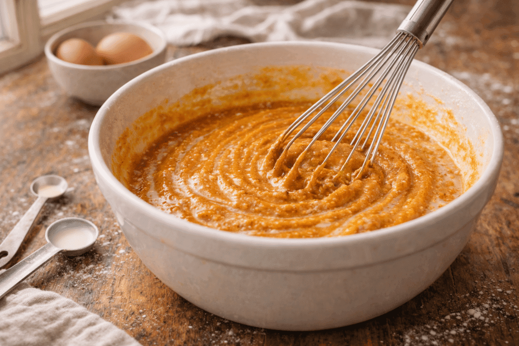 Step 4 – Mixing pumpkin filling for Pumpkin Meringue Pie Recipe