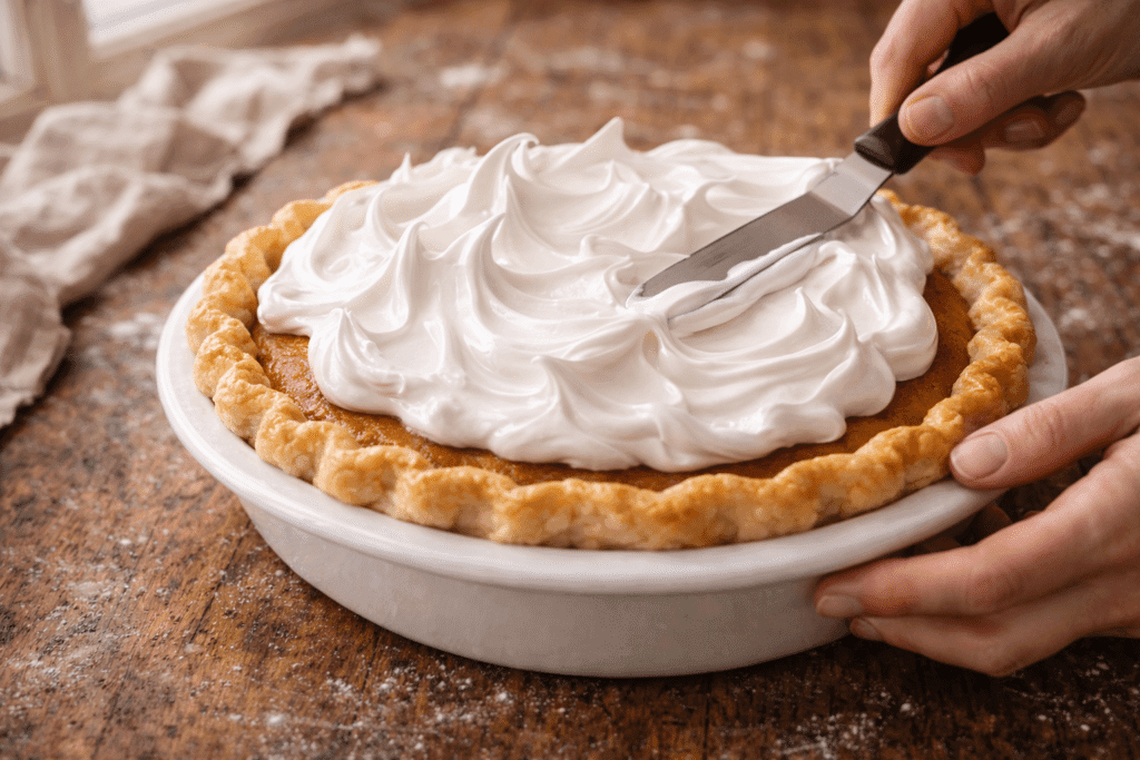 Step 7 – Spreading meringue topping on Pumpkin Meringue Pie Recipe