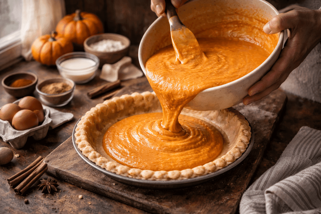Pouring pumpkin pie filling into crust before baking