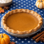 Homemade pumpkin pie surrounded by mini pumpkins and fall leaves