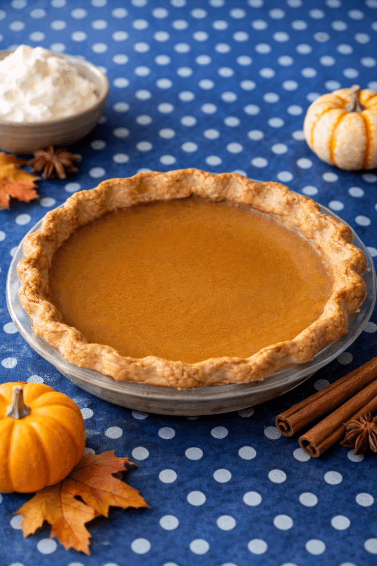 Homemade pumpkin pie surrounded by mini pumpkins and fall leaves