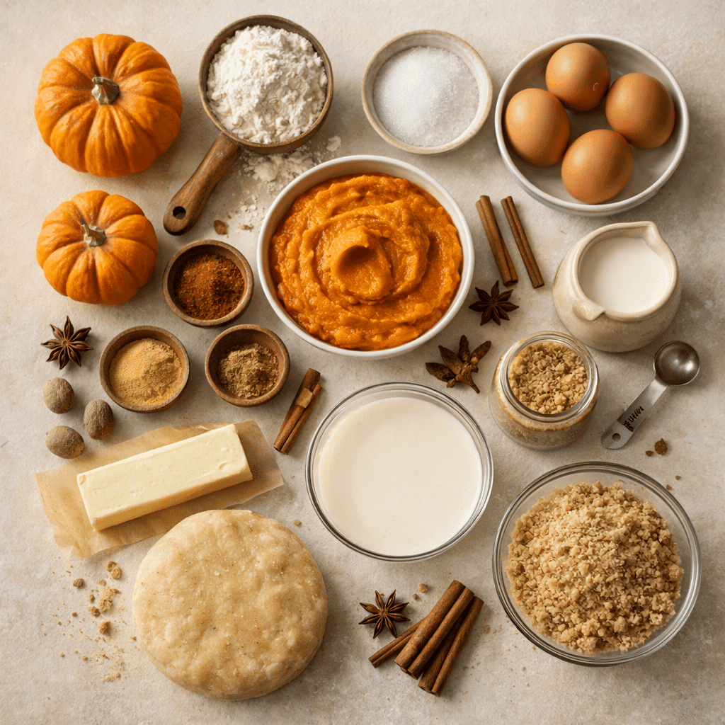 Flatlay of classic pumpkin pie ingredients