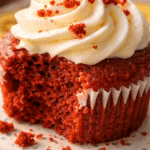 Close-up of moist Red Velvet Cupcake crumb and frosting texture