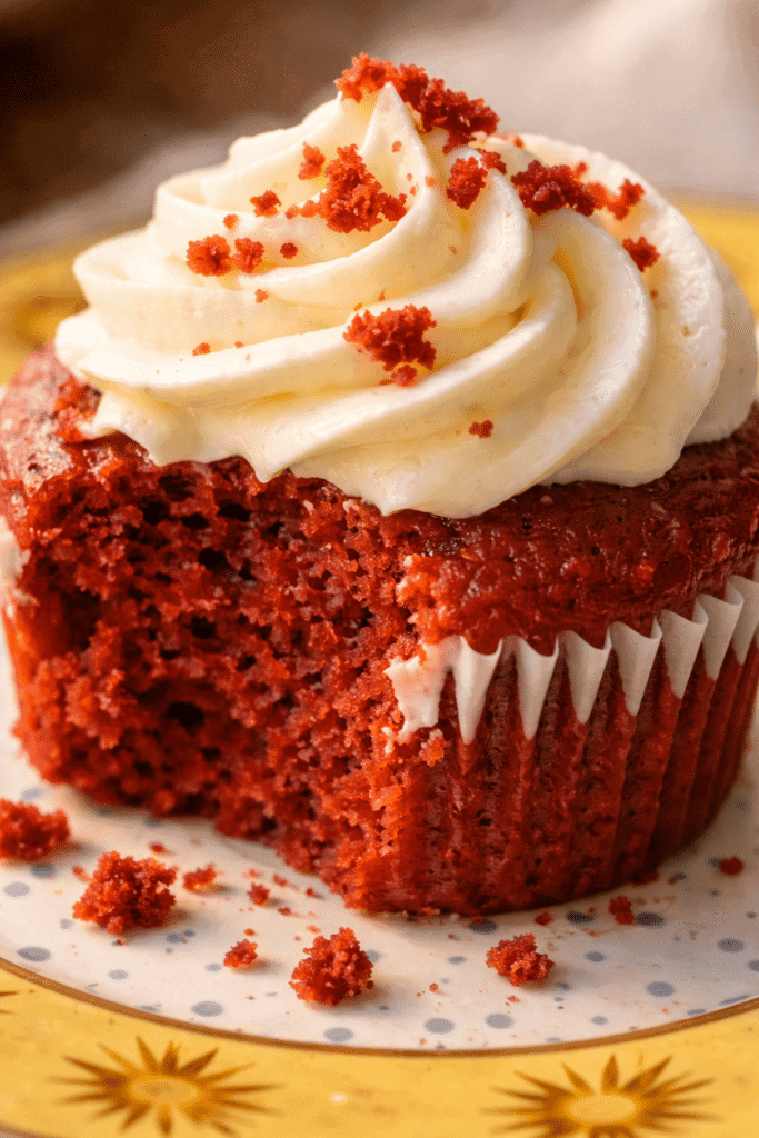 Close-up of moist Red Velvet Cupcake crumb and frosting texture