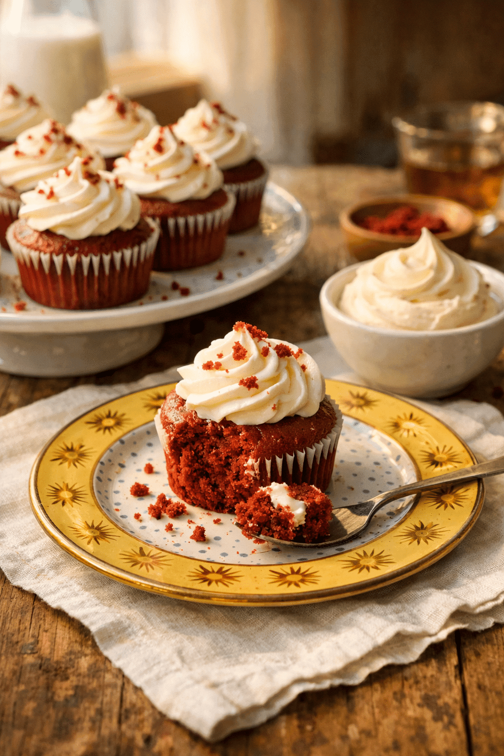 Red Velvet Cupcakes with Cream Cheese Frosting on yellow plate