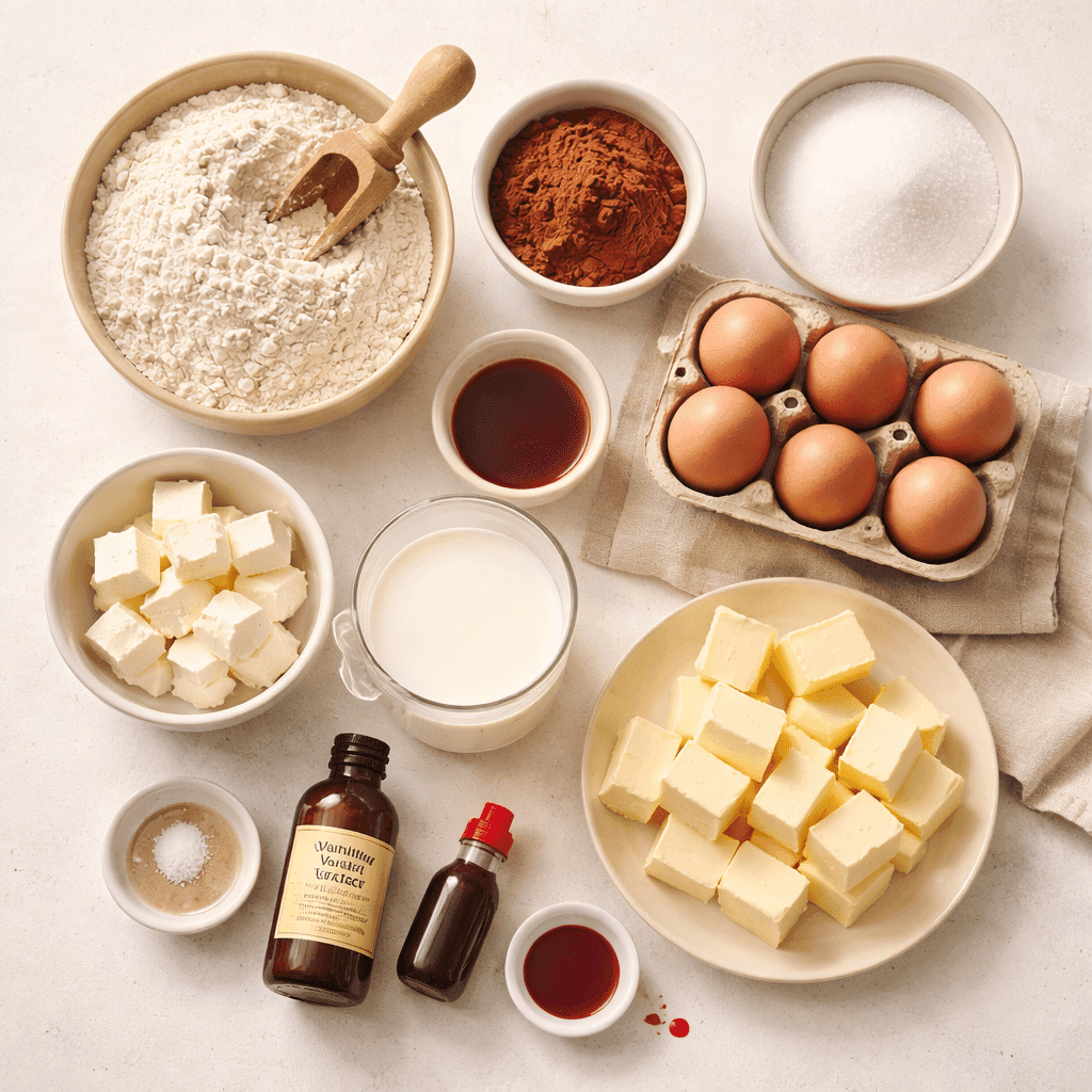 Flatlay of Red Velvet Cupcake ingredients on white background