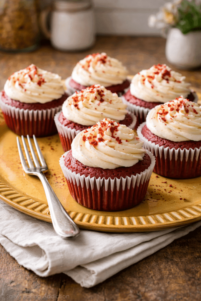 Red Velvet Cupcakes plated and ready to serve