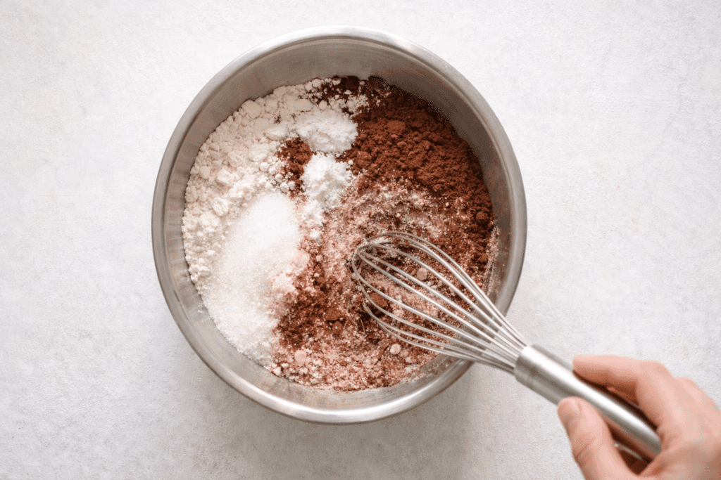 Adding butter to dry ingredients for Red Velvet Cupcakes
