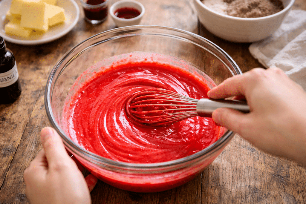 Whisking wet ingredients with red food coloring for Red Velvet Cupcakes