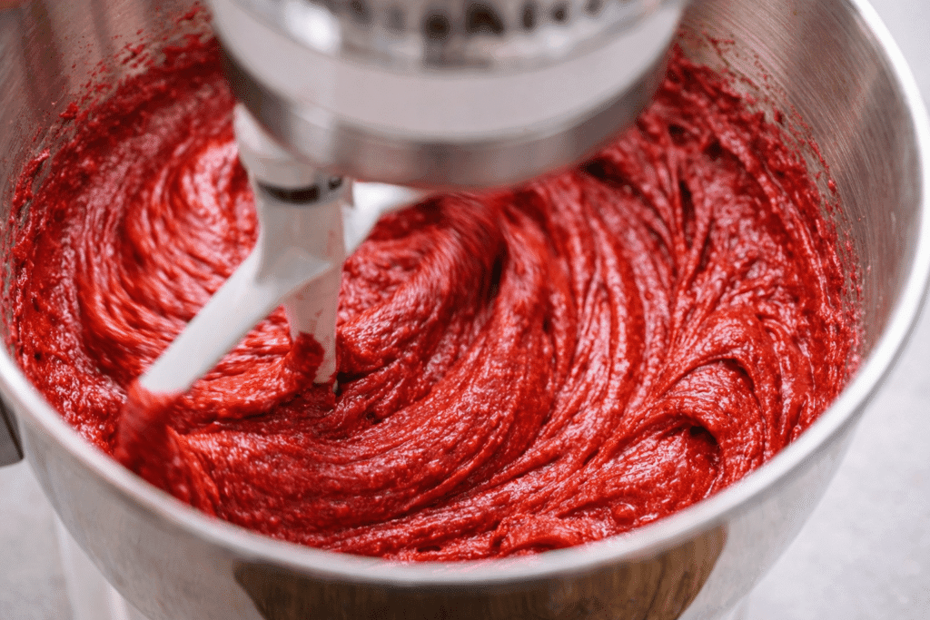 Mixing red velvet batter until smooth and creamy