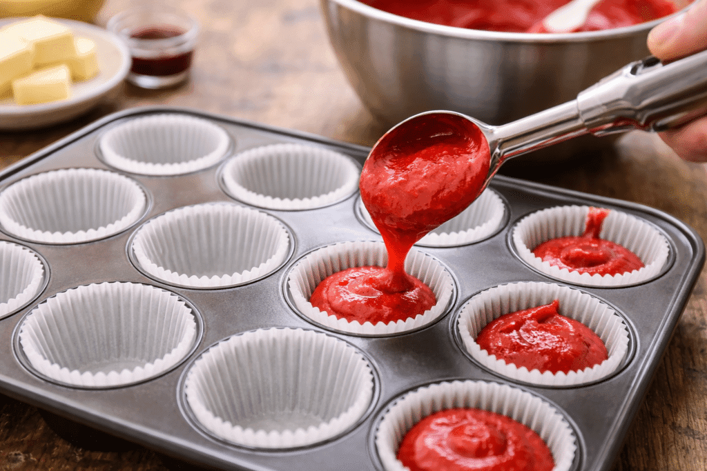Filling cupcake liners with red velvet batter