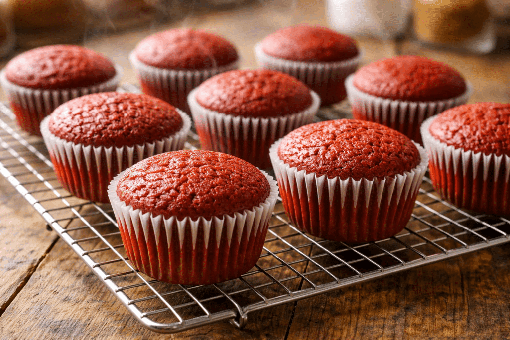 Cooling freshly baked Red Velvet Cupcakes on a wire rack
