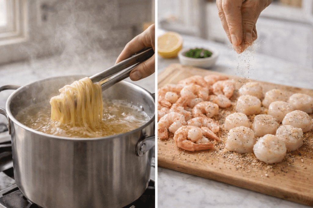 Seafood Pasta Recipe step one cooking pasta and seasoning seafood
