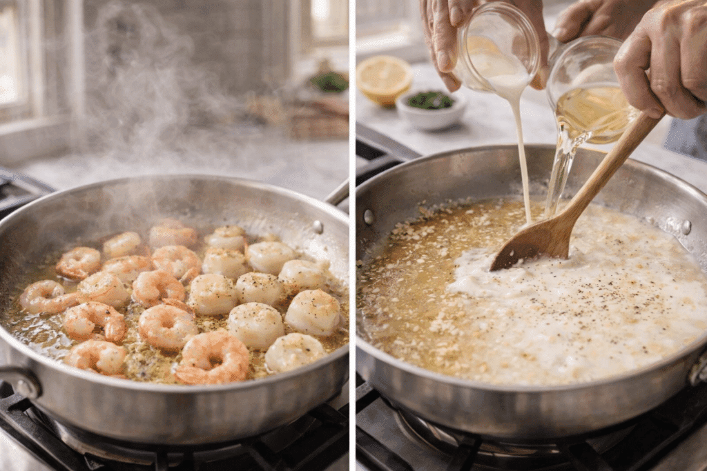 Seafood Pasta Recipe searing shrimp scallops and making cream sauce