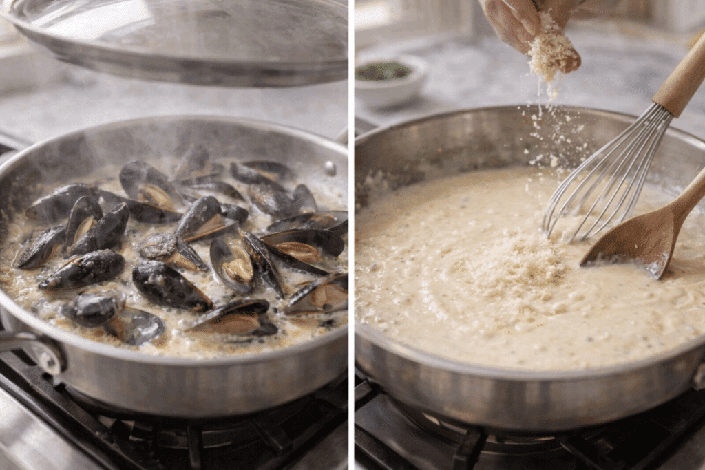 Seafood Pasta Recipe cooking mussels and thickening cream sauce