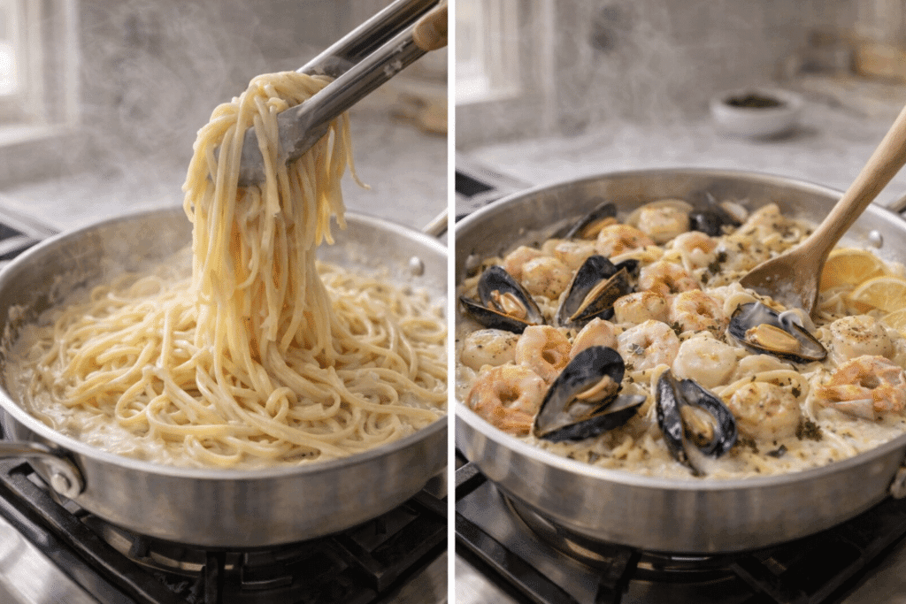 Seafood Pasta Recipe combining pasta and seafood in creamy sauce