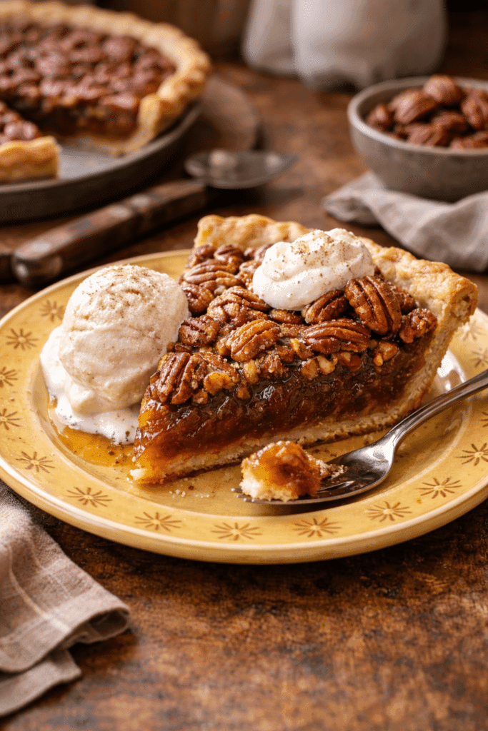 Slice of Pecan Pie with Vanilla Ice Cream