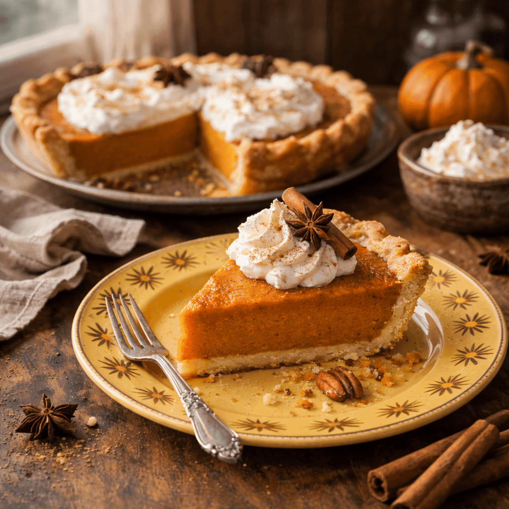 Slice of pumpkin pie served on a cozy fall table