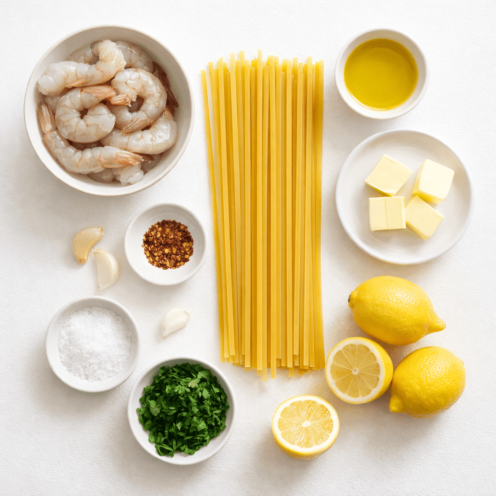 shrimp linguine ingredients flatlay