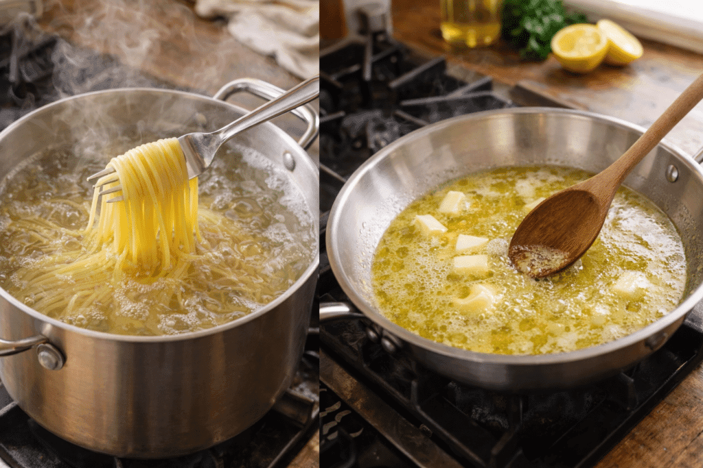 boiling linguine and melting butter for shrimp linguine