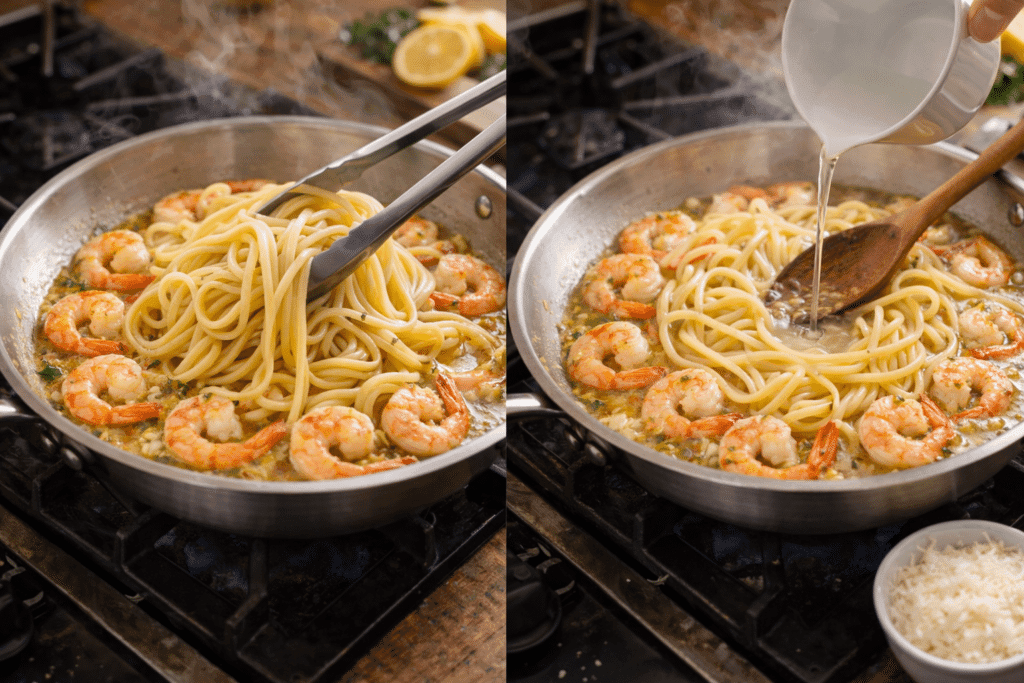tossing shrimp linguine with lemon butter sauce