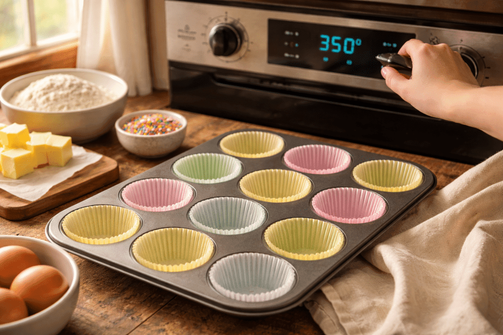Preheating oven and lining muffin tin for Homemade Funfetti Cupcakes