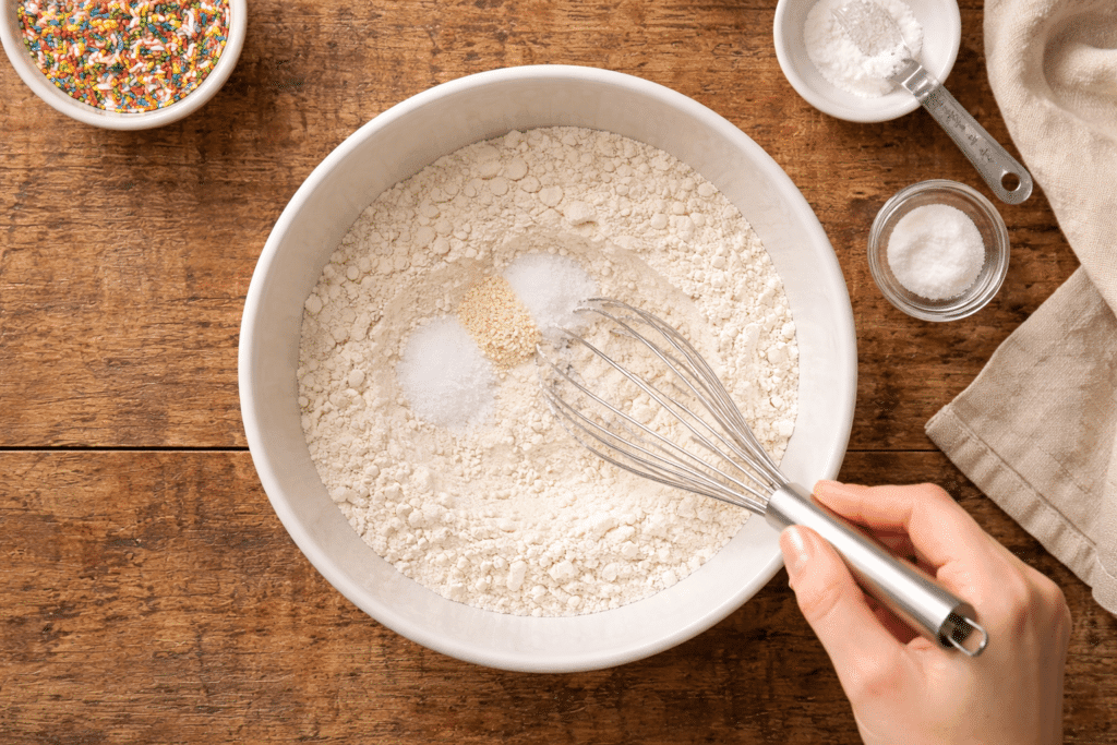 Mixing dry ingredients for Homemade Funfetti Cupcakes