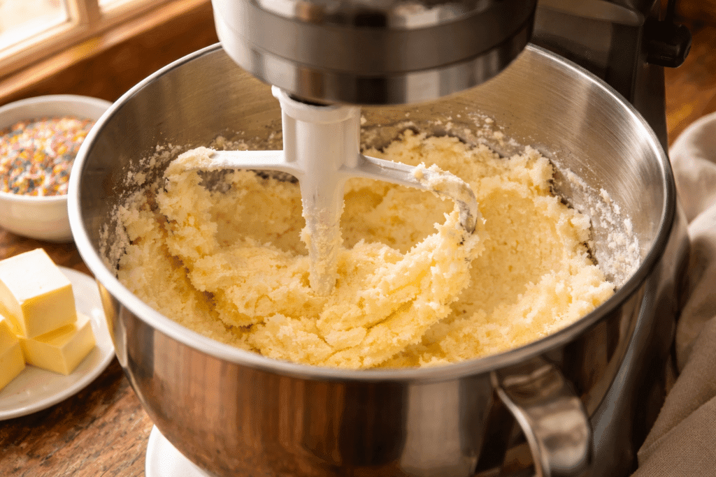 Creaming butter and sugar for Homemade Funfetti Cupcakes