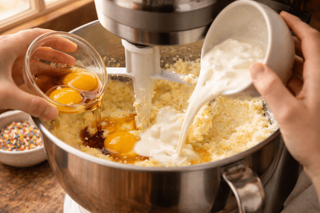 Adding wet ingredients for Homemade Funfetti Cupcakes