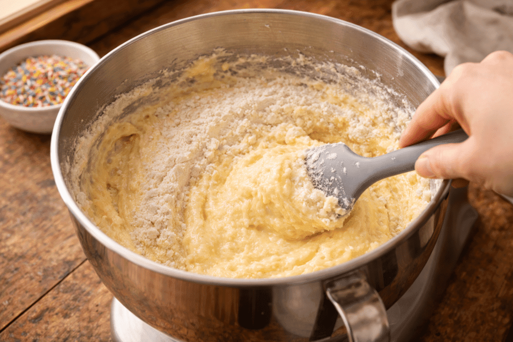 Combining wet and dry ingredients for Homemade Funfetti Cupcakes