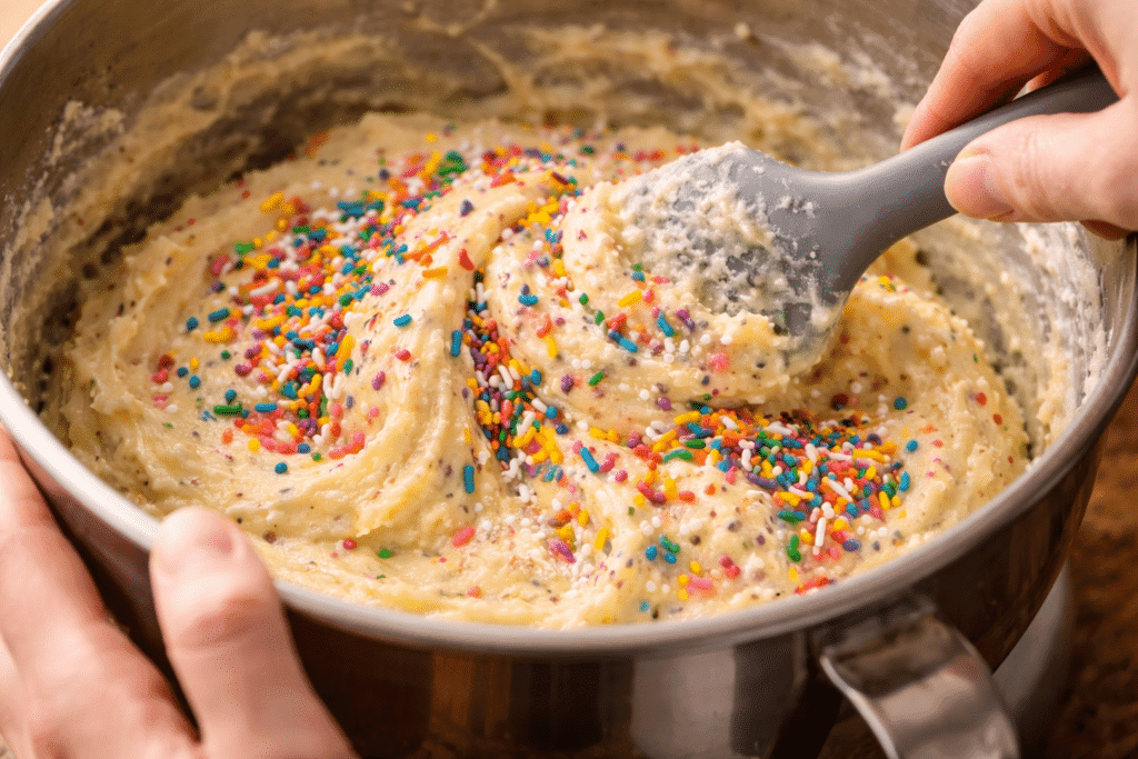Folding rainbow sprinkles into Funfetti cupcake batter