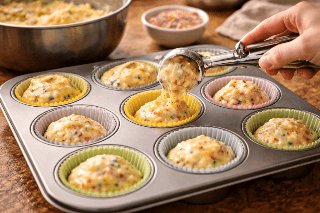 Filling muffin liners with Funfetti cupcake batter before baking