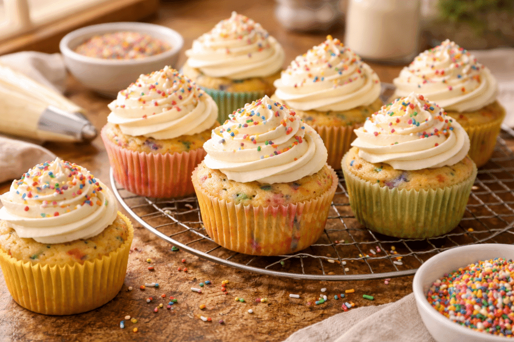 Frosting and decorating Homemade Funfetti Cupcakes with buttercream