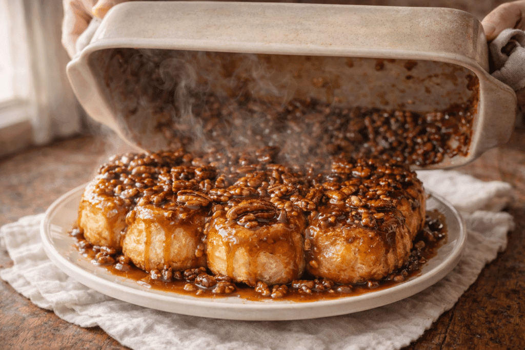 Sticky Buns recipe baking and flipping final step