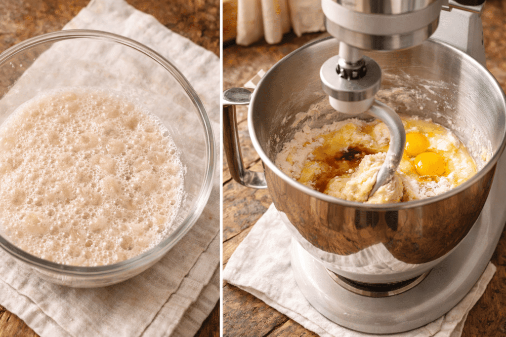 Sticky Buns recipe yeast blooming and dough mixing steps