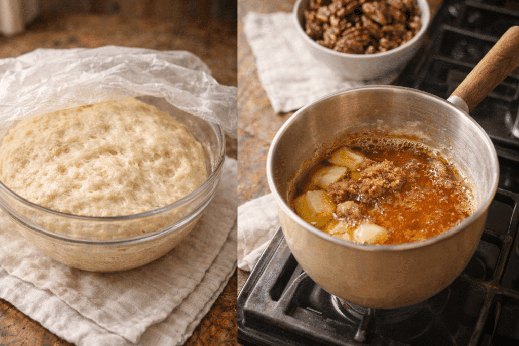 Sticky Buns recipe dough rising and pecan topping preparation
