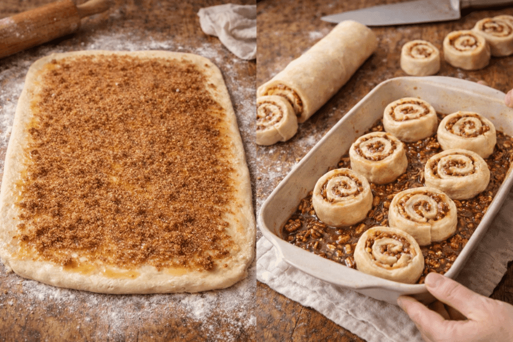 Sticky Buns recipe rolling dough and shaping rolls