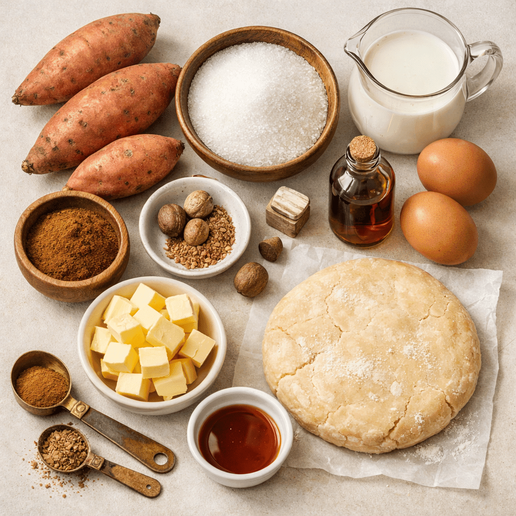 Sweet Potato Pie Ingredients Flatlay