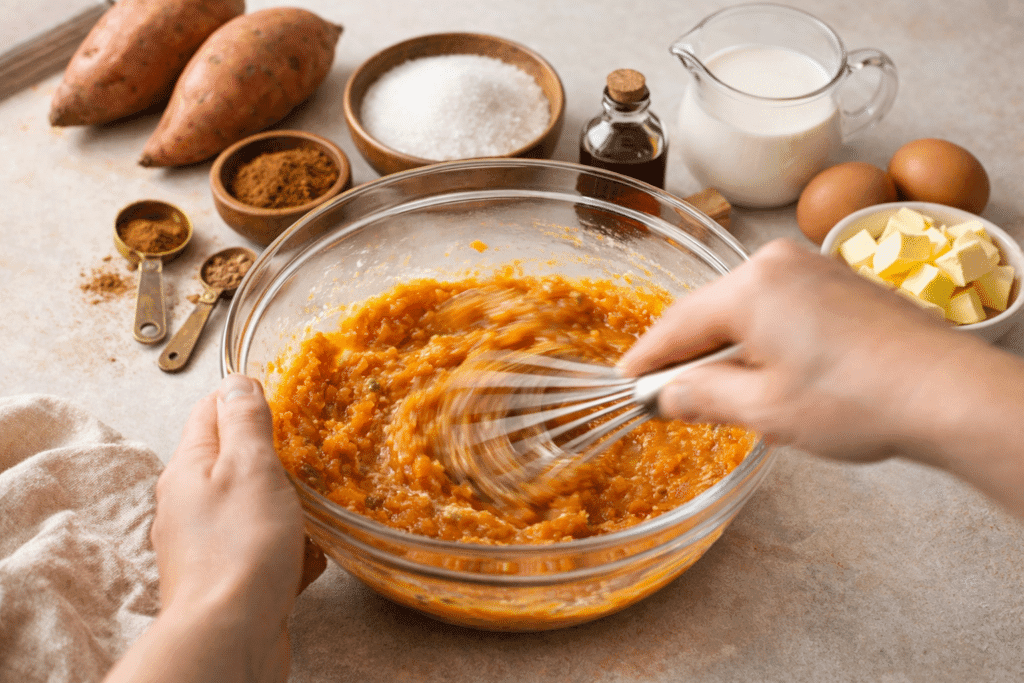 Mixing Sweet Potato Pie Filling