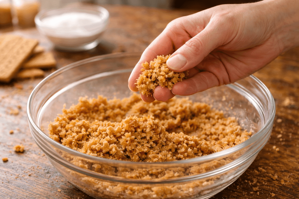 Pinching graham cracker crust mixture to test texture