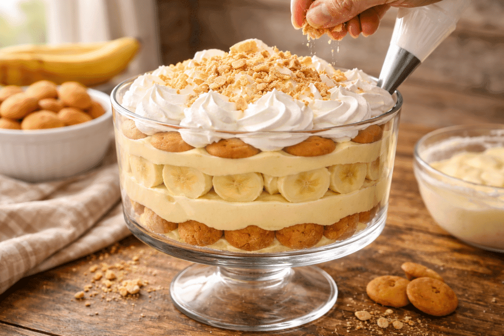 topping banana pudding with whipped cream and wafers